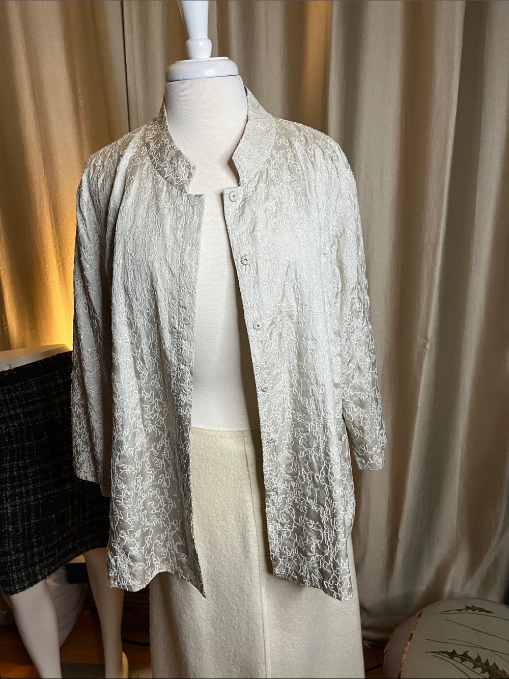 Eileen Fisher Silk Sequin Embroidered Mandarin Jacket cream 2X